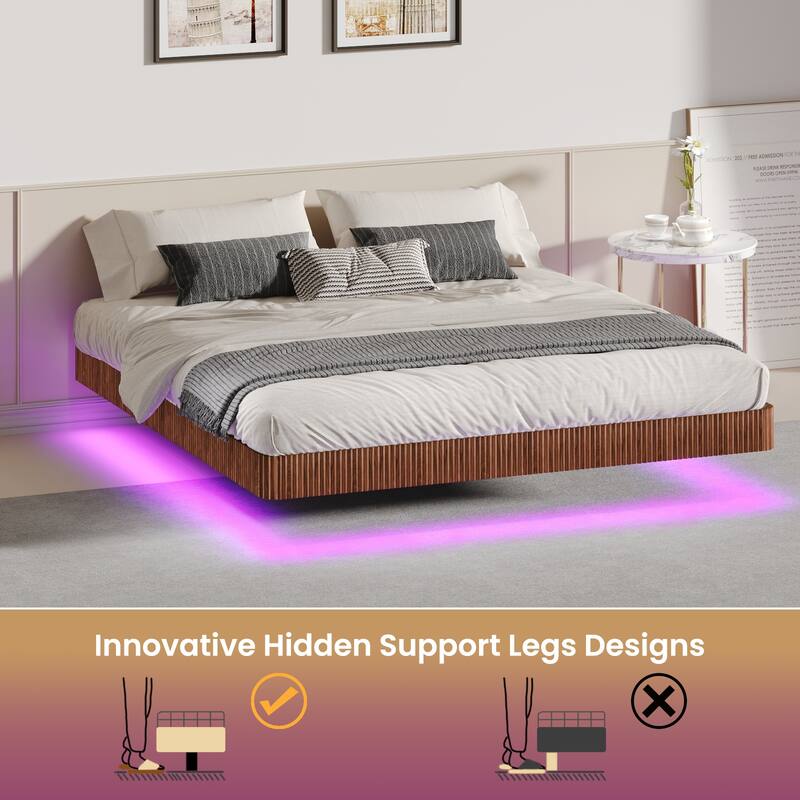 King Size Floating Bed Frame with LED Lights, Wave Curve Wood Texture, Heavy Duty Metal Slats, No Box Spring Needed