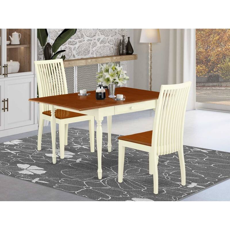 HomeStock 3-Pc Buttermilk and Cherry Finish Solid Wood Top With Dropleaf Dining Table Set
