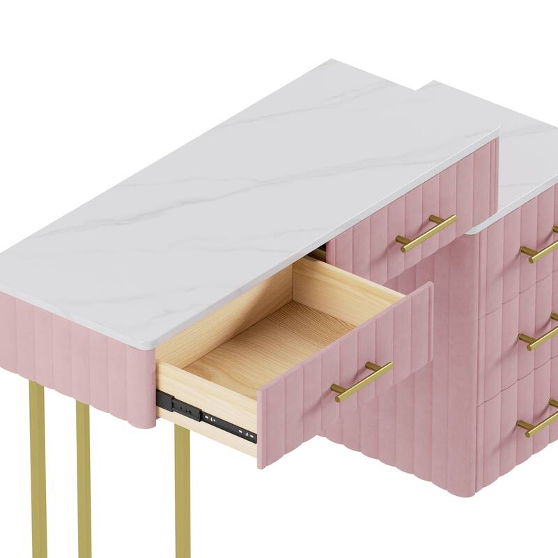 Velvet Upholstered Makeup Vanity Desk with 5 Storage Drawers, Marble-Look Sticker Top Dressing Table and Padded Makeup Chair Set