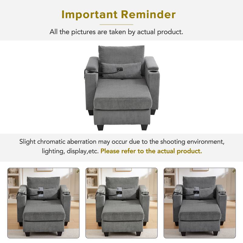 Anmytek 37.4" Convertible Chaise Lounge Sleeper Sofa Chair Corduroy with USB Ports Cup Holders Phone Holder Storage