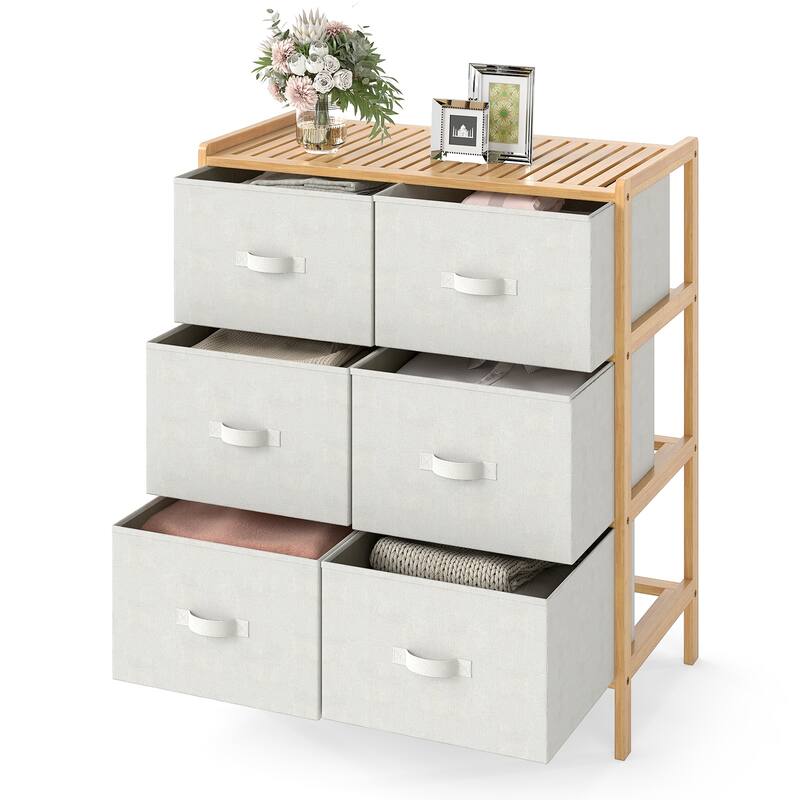 6-Drawer Wicker Dresser with Fabric Drawers Raised Legs Anti-Slip Feet for Home Organization