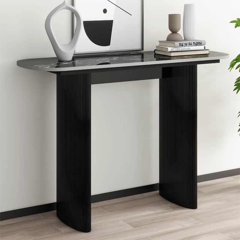 Marble Console Table Entryway Table with Fluted Base - Black