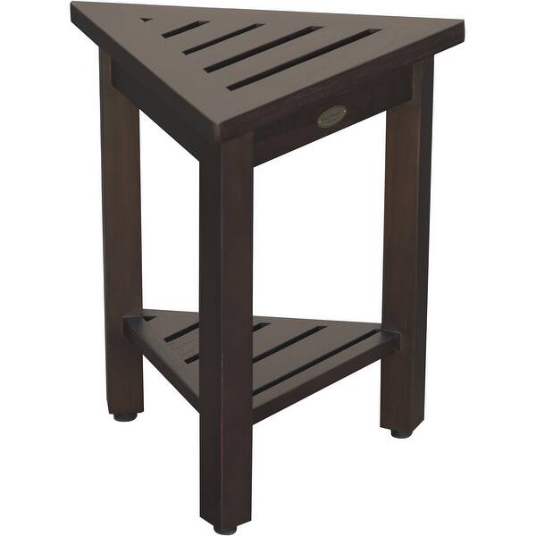 Compact Triangular Teak Shower Outdoor Bench with Shelf in Brown Finish