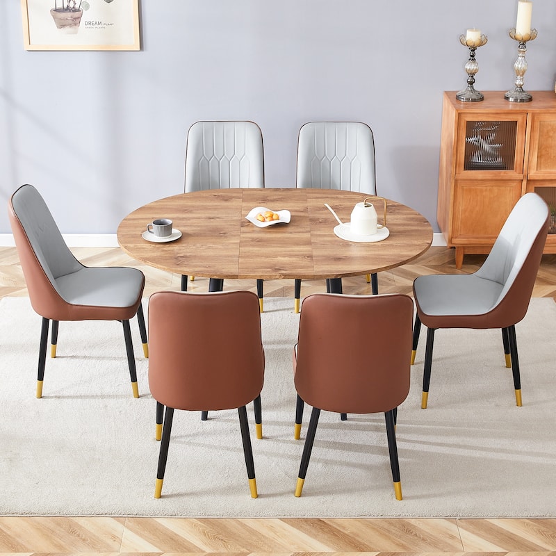 7-Piece Modern Extendable Dining Table Set Wooden Kitchen Table with 6 Upholstered Chairs, Space-Saving Dining Table & Chair Set