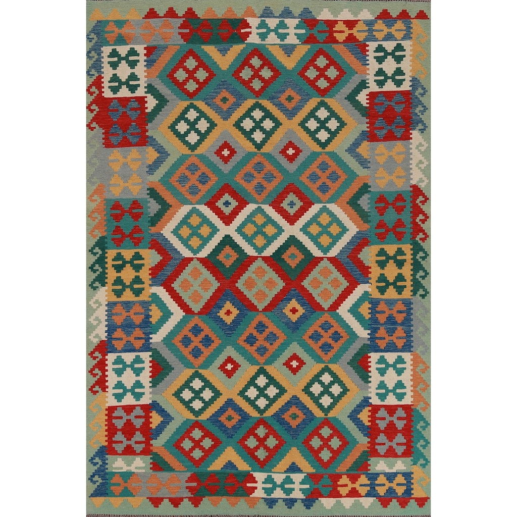 Hand Woven Oriental 100% Wool Carpet Southwestern Geometric Multi-Colored Kilim Area Rug - 8' 4'' X 5' 8''