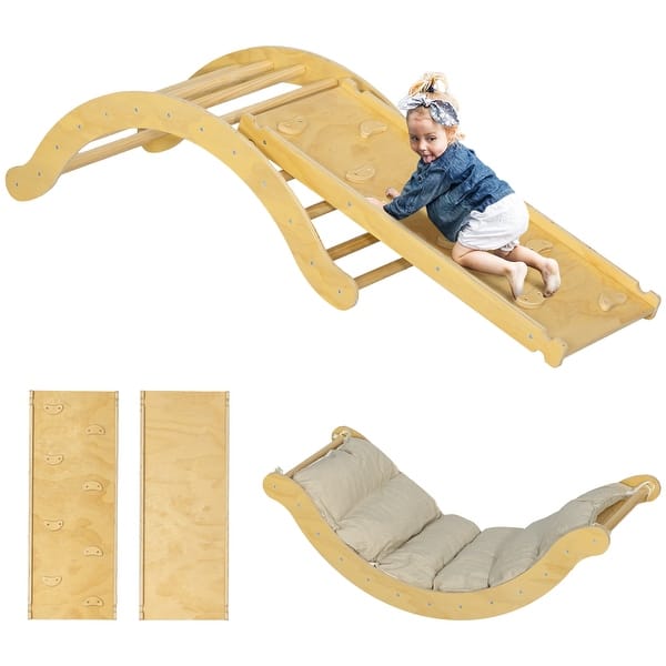 slide 2 of 9, Qaba Pikler Triangle Set, 4 in 1Indoor Toddler Climbing Toys with Arch Climber, Ramp & Cushion, Natural Wood White