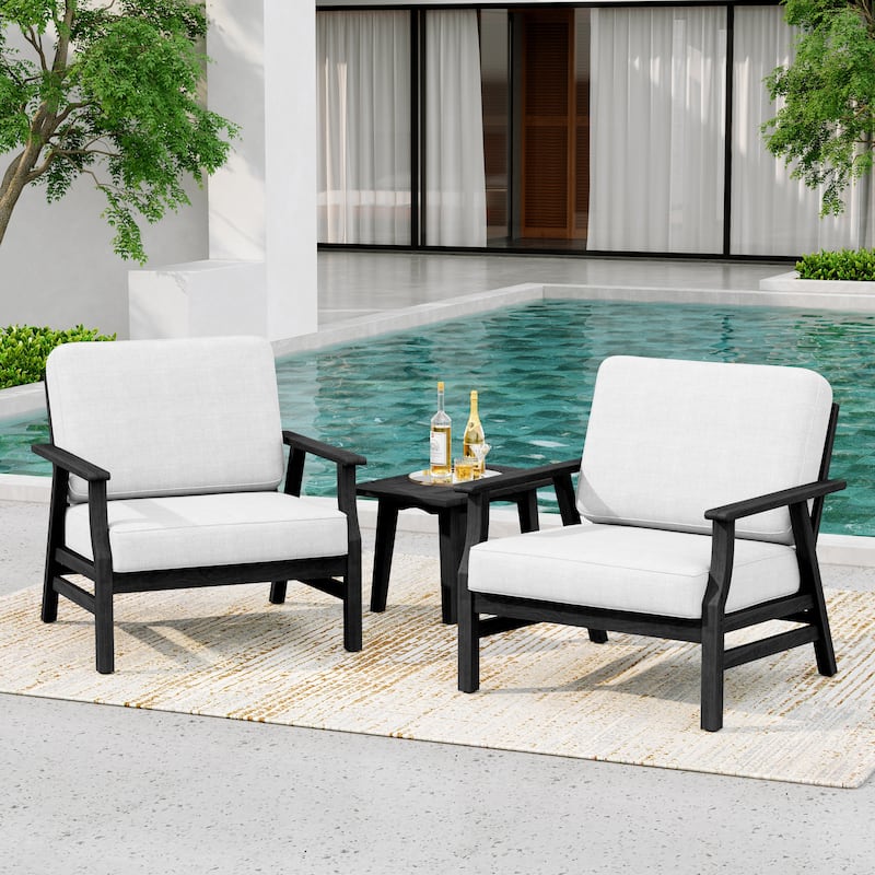 Outdoor 2 Set Teak Wood Club Chairs Set with Cushion - BEIGE/BLACK - BLACK WOOD