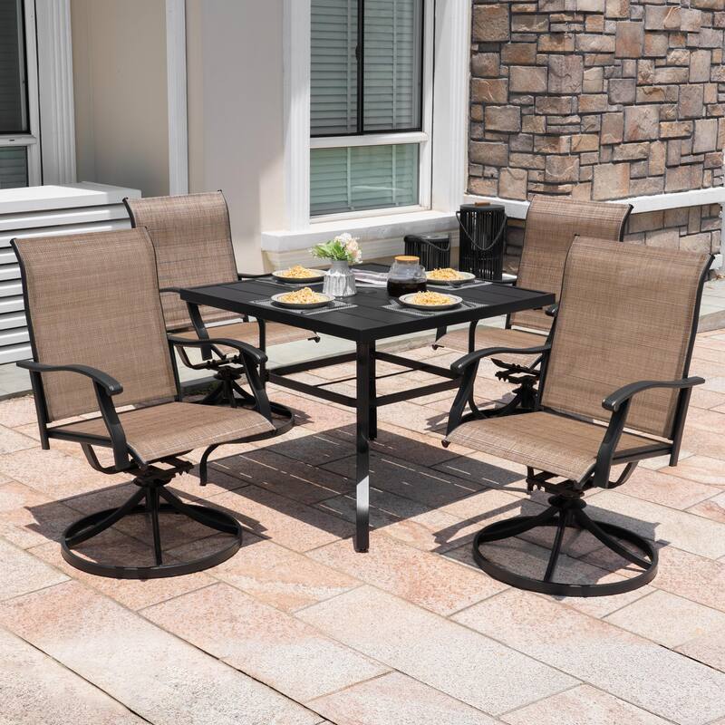 Outdoor 5-Piece Dining Set, Textilene Fabric, Powder-coated Iron Frame - Black