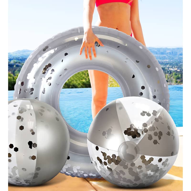 Mozlly Bundle of Silver Inflatable Pool Float Tube And Beach Balls - ‎37 x 37 x 9.5 inches