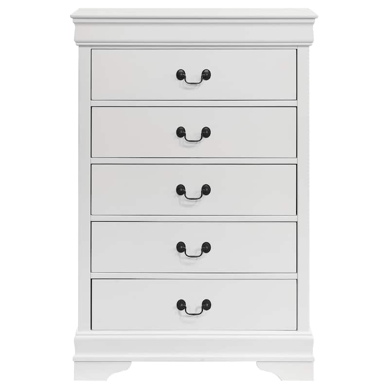 Nim Tall Dresser Chest, 5 Storage Drawers, Classic White Molded Trim