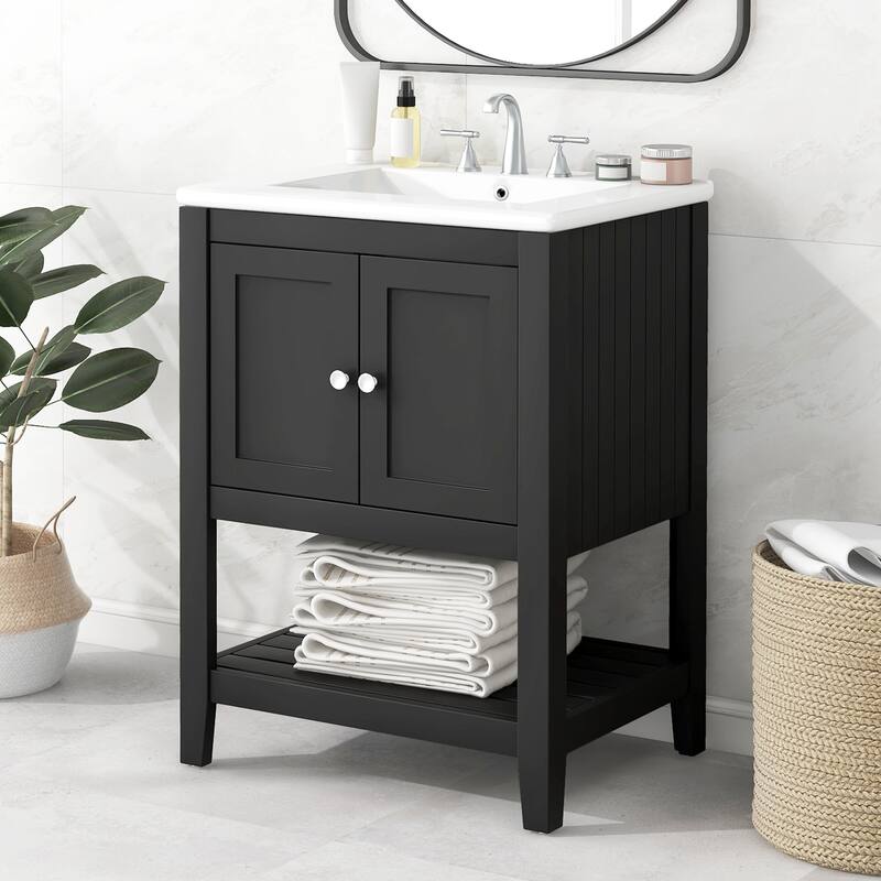 Bathroom Vanity Floor Storage Cabinet with Drop-In Sink and Open Shelf - Black
