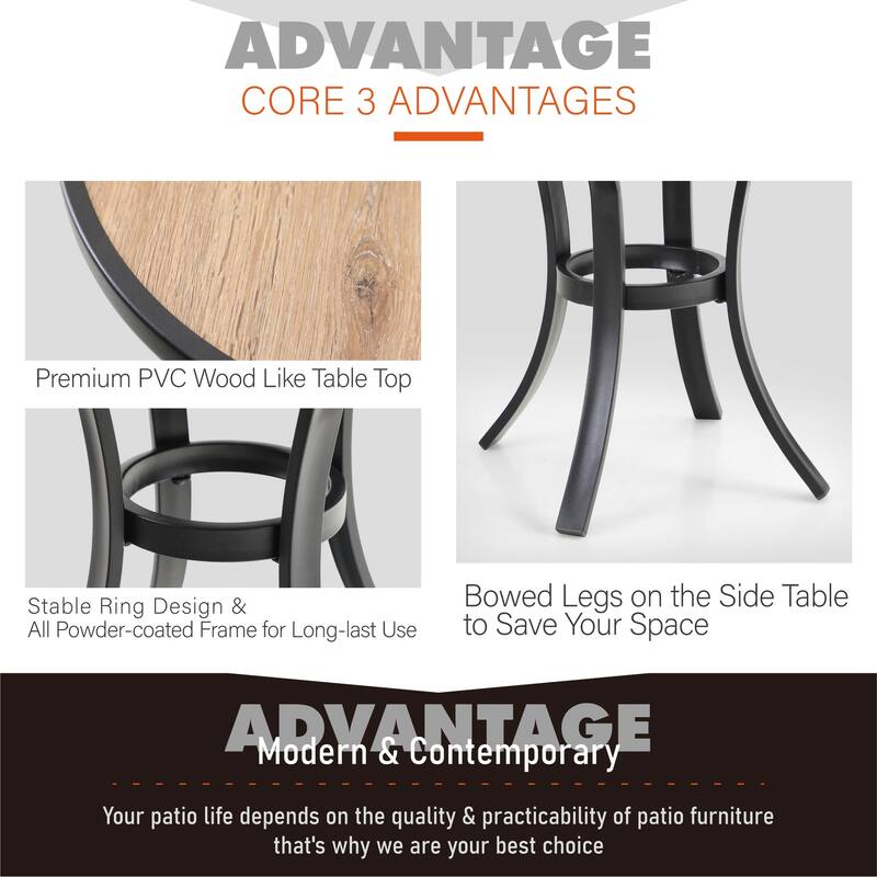 19" Small Round Side Table, Outdoor Dining Coffee Table with Steel Frame and Wooden Like Surface