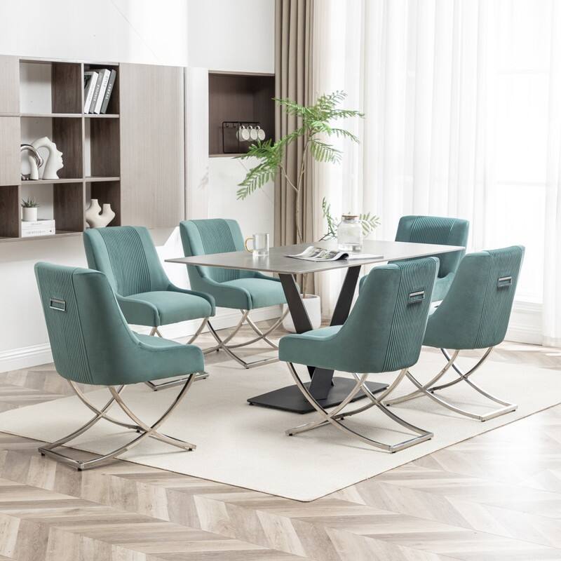 SEYNAR Contempoary Velvet Dining Chair Set of 6 with Metal Frame Legs and Back Pull - Green