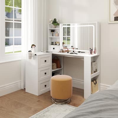 Vanity Desk with Lights & Power Strip, Large Bedroom Makeup Table, Dressing Table Set with Stool, 3 Drawers & 7 Shelves