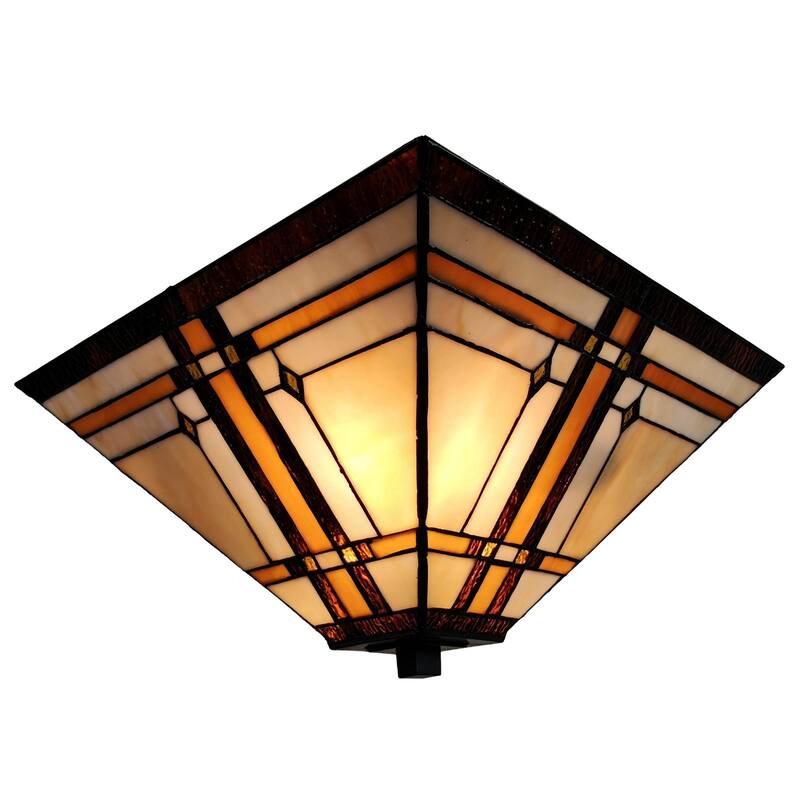 Tiffany Style Ceiling Fixture Lamp Mission 14" Semi Flush Mount Wide Stained Glass Tan Bedroom Gift Amora Lighting