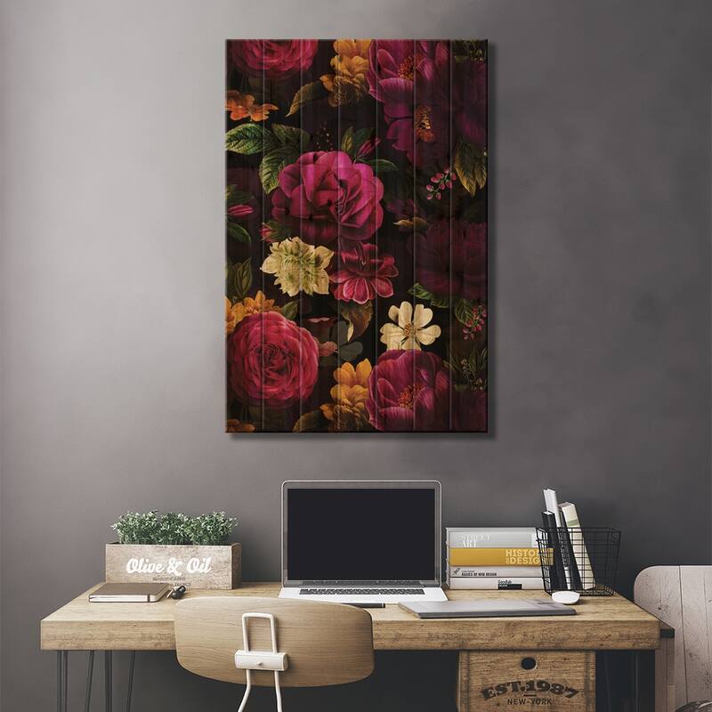 Lush Midnight Baroque Flower Garden X Print On Wood by UtArt - Multi-Color