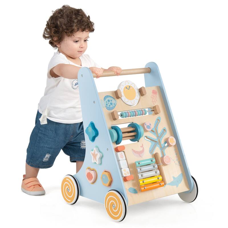 Gymax Wooden Baby Walker Sit to Stand Walker w/ Wheels Push & Pull
