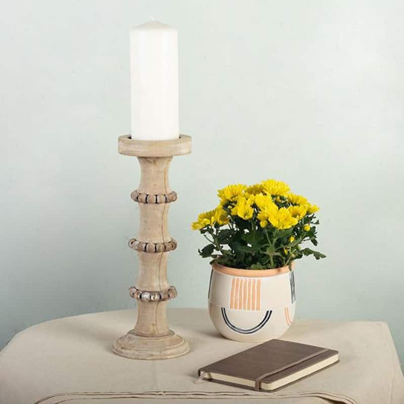 Brown Wood With Beads Column Candle Holder