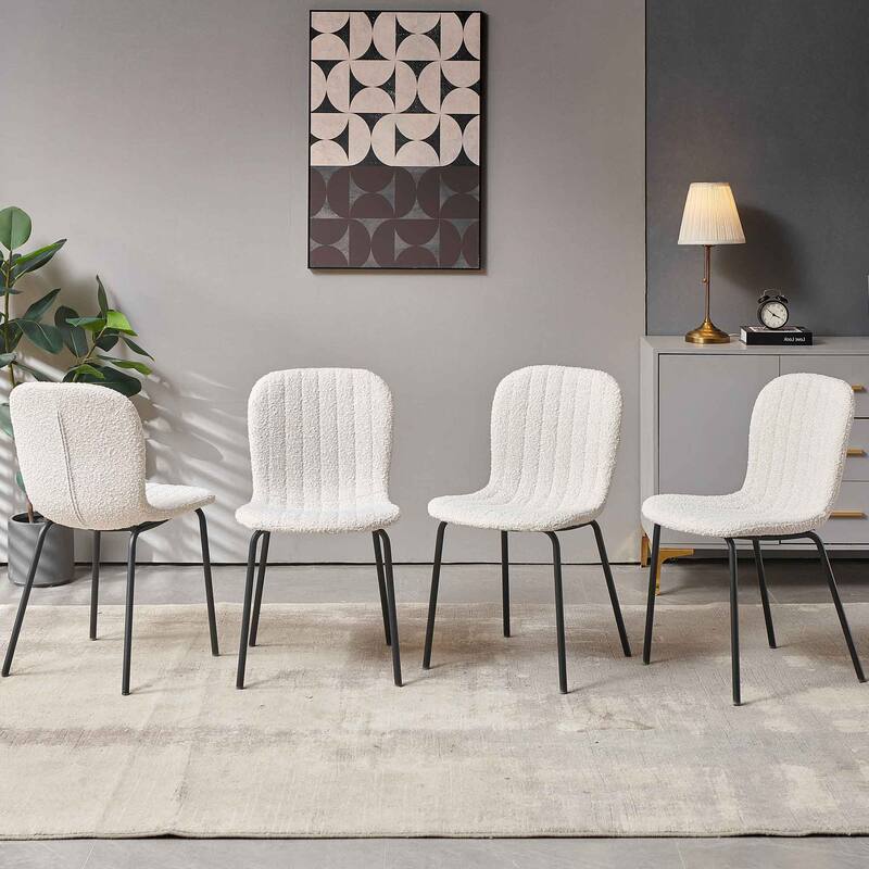 Boucle Dining Chairs Set of 4,Mid-Century Modern Upholstered PU Leather Chairs,for Kitchen Dining Room