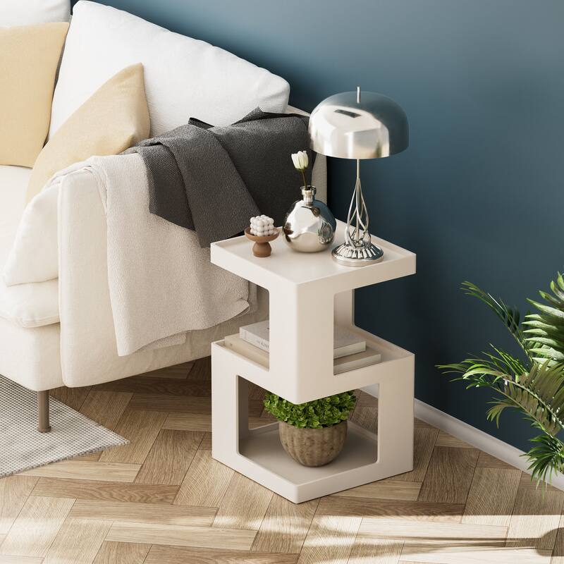 COZAYH Farmhouse Geometric Wood End Table, Distressed Accent Side Table with Two Storage Space, 3-Layer Cube Design