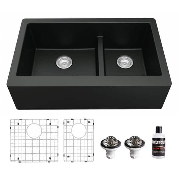 slide 42 of 67, Karran Farmhouse/Apron-Front Quartz Double Bowl Kitchen Sink Kit Black
