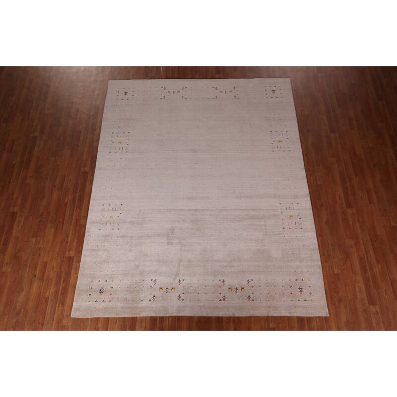 Gabbeh Indian Area Rug Hand-Knotted Oriental Beige Wool Carpet - 7'9" x 9'10"