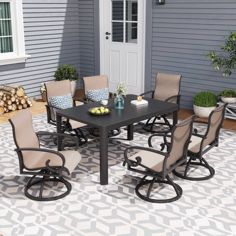 Patio Swivel Dining Chairs with Sunbrella Textilene Mesh Fabric, Outdoor Furniture Gentle Rocker Chair with Back and Arm - Augustine Ashe, Set of 6
