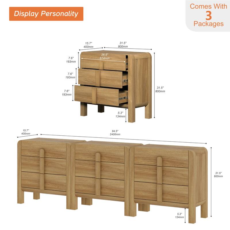 WAMPAT Wood Dresser For Bedroom, Mid Century Modern Chest Of Drawers With Storage, 9 Drawer Dresser With Curved Profile Design