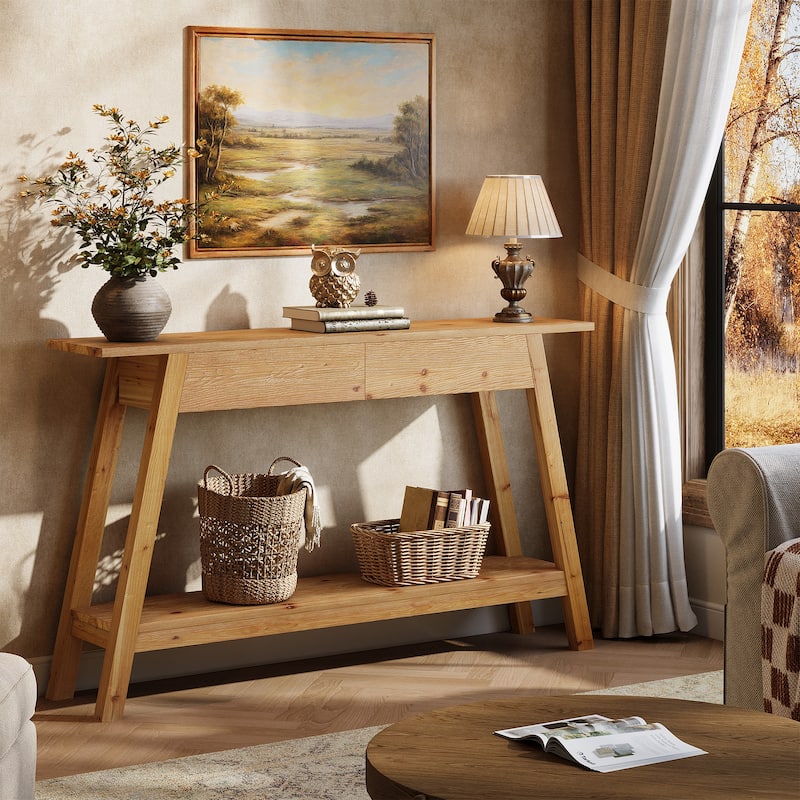 2-Tier Solid Wood Entryway Table with 2 Drawers -  Wood
