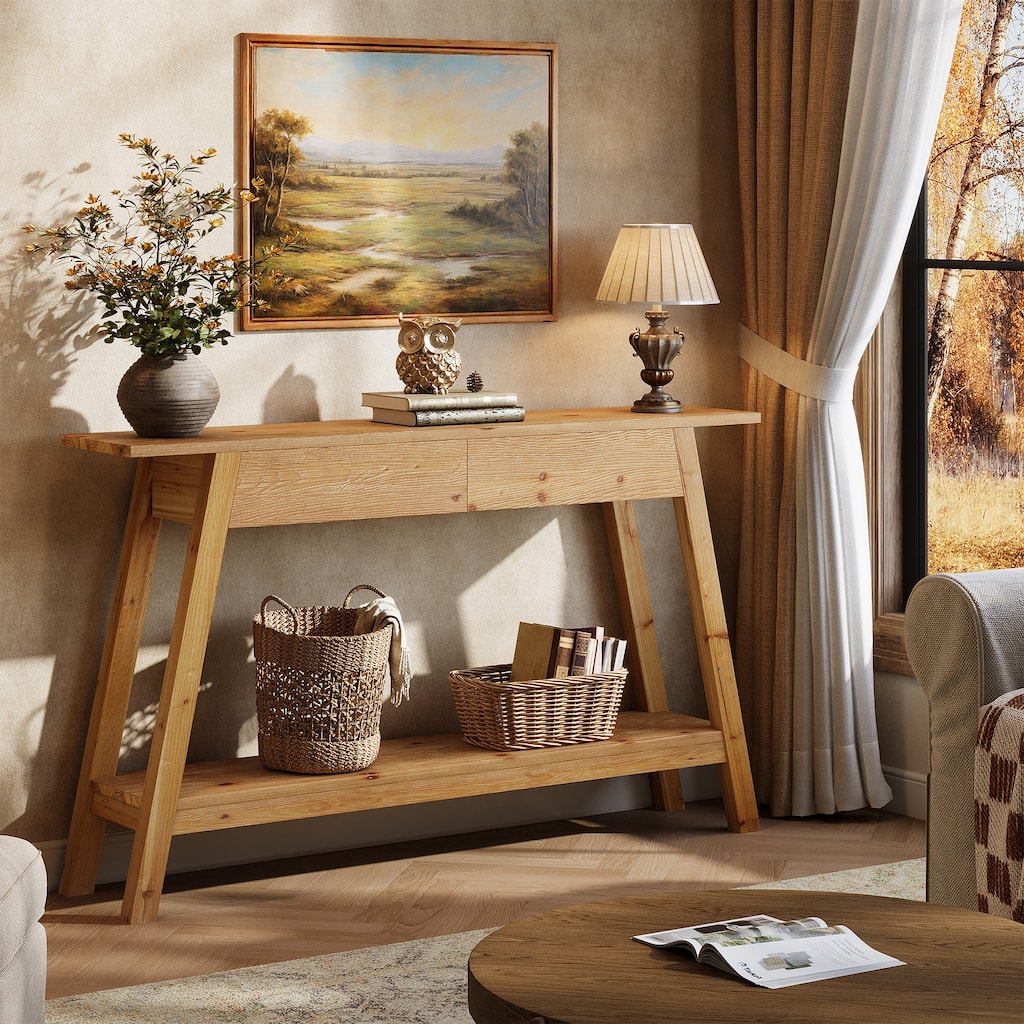 2-Tier Solid Wood Entryway Table with 2 Drawers