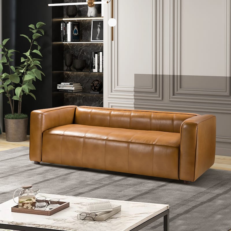 Donia Mid-Century Modern Leather 82" Curved Sofa with Wooden Legs by HULALA HOME