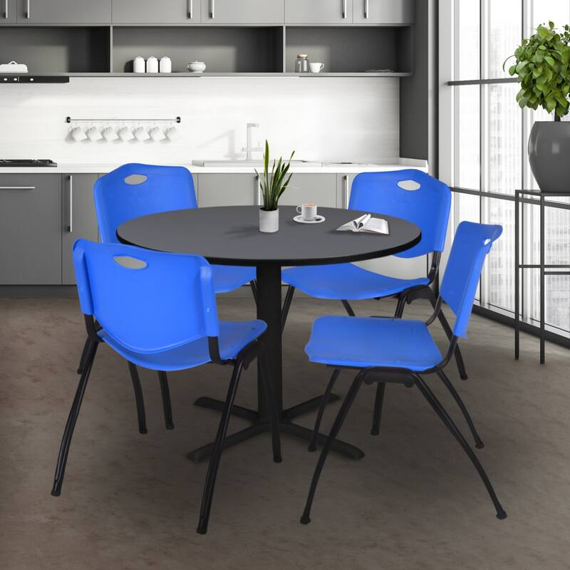 Round 48-inch Table and 4 'M' Stackable Blue Chairs