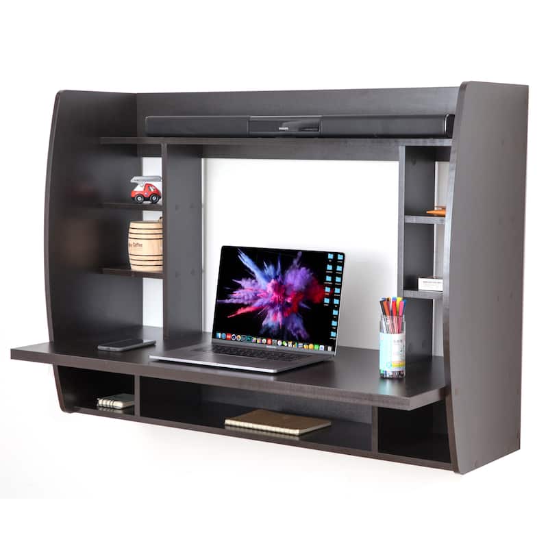 Versatile Wall Mount Floating Computer Desk - Stylish and Space-Saving Writing Study Table with Shelves - Ideal for Living Room - Black