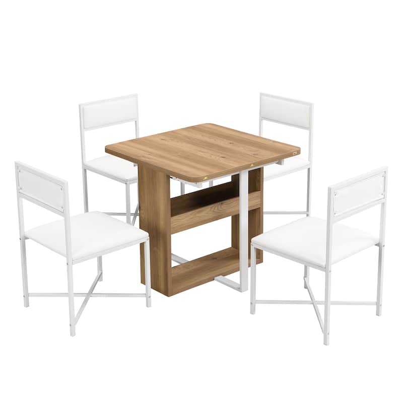 5-Piece Extendable Dining Table Set with 4 White PU Leather Chairs