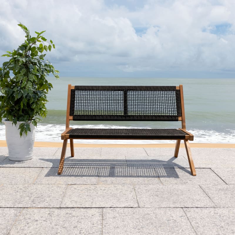 SAFAVIEH Cimen Outdoor Solid Wood Foldable Bench - 45Wx30Dx30H - Natural/Black