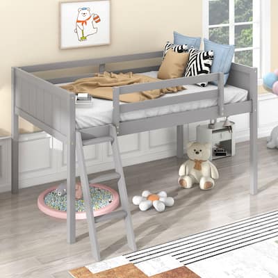 Twin Size Wood Low Loft Bed with Ladder can be Placed on The Left or Right, Gray