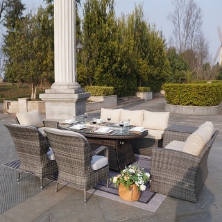 7-Piece Patio Mixed Brown and Grey Sofa Set with Fire Pit Table