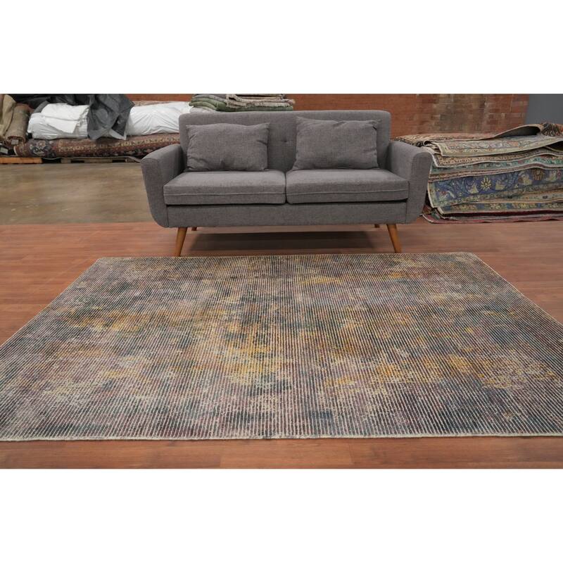 Hand Knotted Oriental Viscose Silk Carpet Modern All-Over Multi-Colored Abstract Area Rug - 7' 6'' X 5' 4''