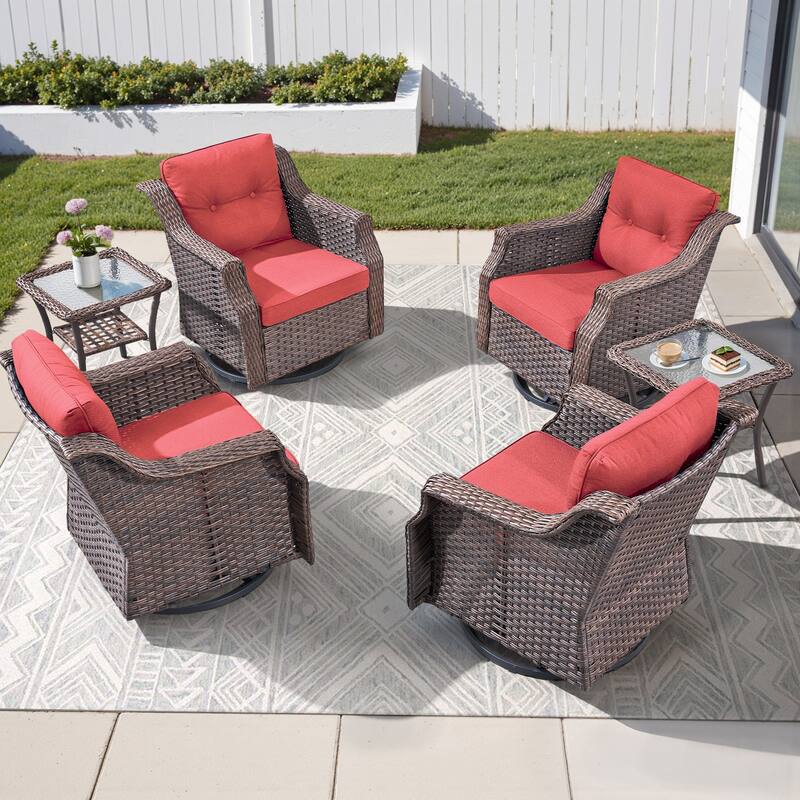 Pocassy Outdoor Swivel Chair Glider Chair with Side Table - Brown Wicker Beige Cushion - 6-Piece Swivel Chair with Side Table