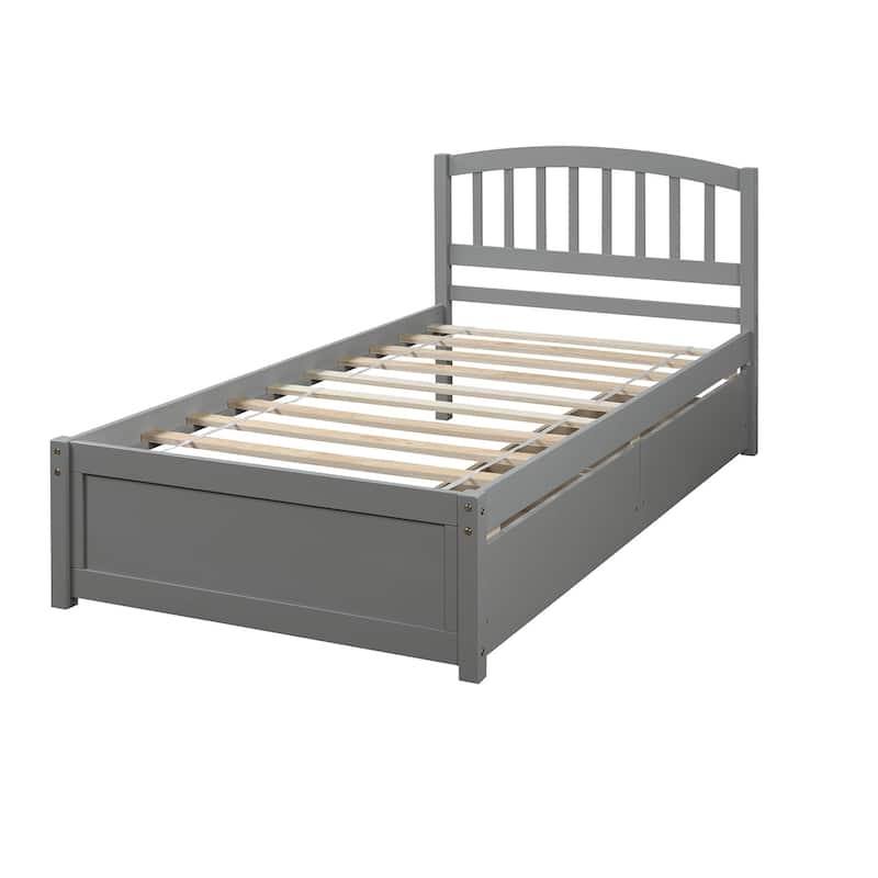Twin Wood Storage Bed Frame with Headboard and Two Drawers, Gray