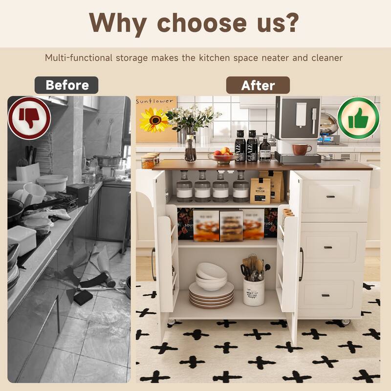 Mobile Wood Top Kitchen Island Cart w/ Foldable Tabletop and Drop Leaf