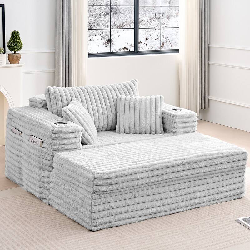 Mixoy Modern Corduroy Fabric Sofa Bed Chair,Single Sofa Chair With Cup Holders,Wide Armrests,Sleeper For Apartment - Light Grey - 1-Seater Sofa