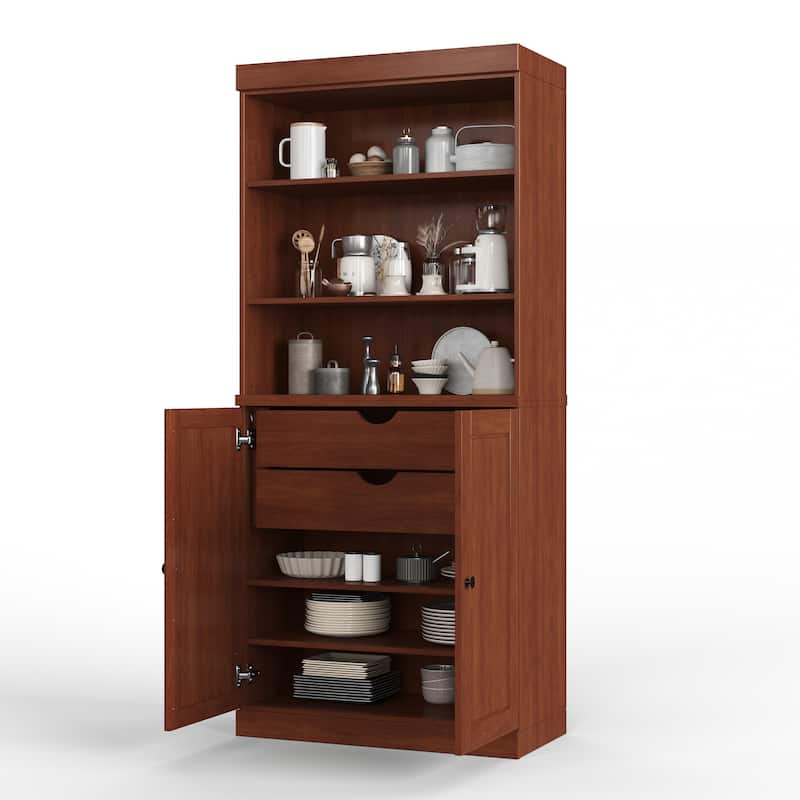 100% Solid Wood Kitchen Pantry Cabinet with 2 Clear Glass or Solid Wood Doors and 2-Drawer Organizer by Palace Imports