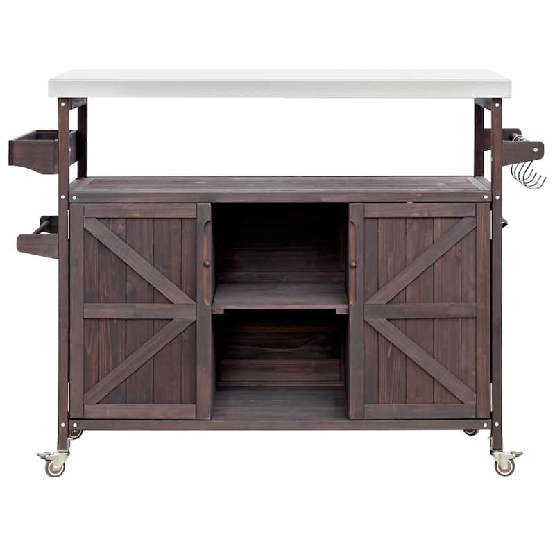 Outdoor Kitchen Island, Rolling Bar Cart & Grill Table, Outdoor Solid Wood Storage Cabinet with Stainless Steel Top for BBQ