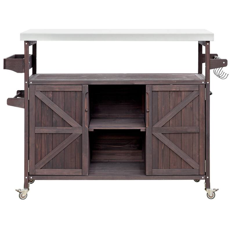 Stainless Steel Top Kitchen Island on Wheels, Outdoor Kitchen Cart, Dark Brown Solid Wood Storage Cabinet with Removable Shelfs