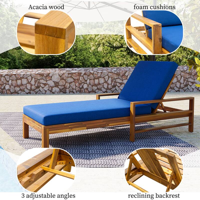 Acacia Wood Adjustable Lounge Chair, 3-Position, 529LB, Waterproof