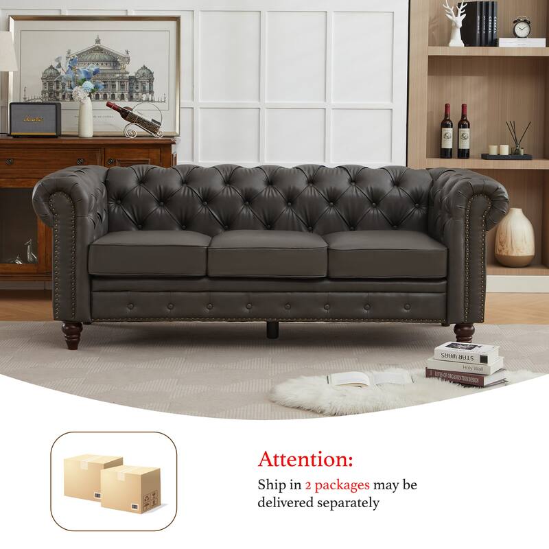 Vintage PU Button-Tufted Sofa Couch, Flared Arms, Rubberwood Legs & Nailhead Trim