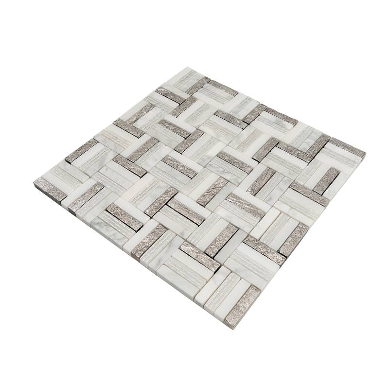 Artisana 12x12 in. Silver White Textured, Foiled Stone Block Basketweave Mosaic Wall and Floor Tile (4.83 sq ft/case, 5-Pack)