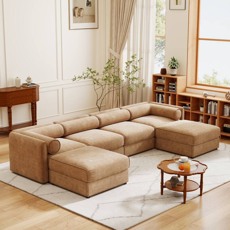 Modern Chenille 6-Seater Sofa with Ottoman Storage, Hidden Storage, Cylindrical Cushioned Arms and Backrest