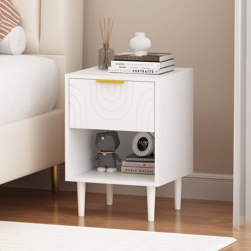 Modern White Nightstand with Gold Handle, 1 Drawer & Open Shelf